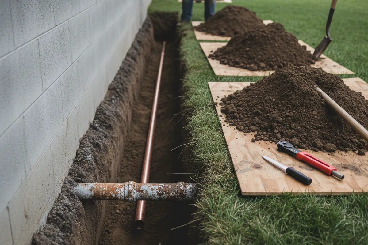Excavated water line trench during Water Softener Installation in Hidden Valley